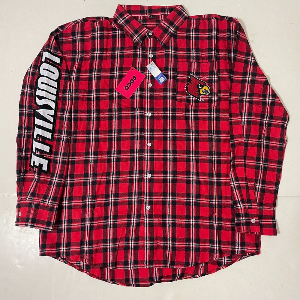 Louisville Cardinals FOCO Mens Flannel Plaid Long Sleeve Button Up Shirt Pocket
